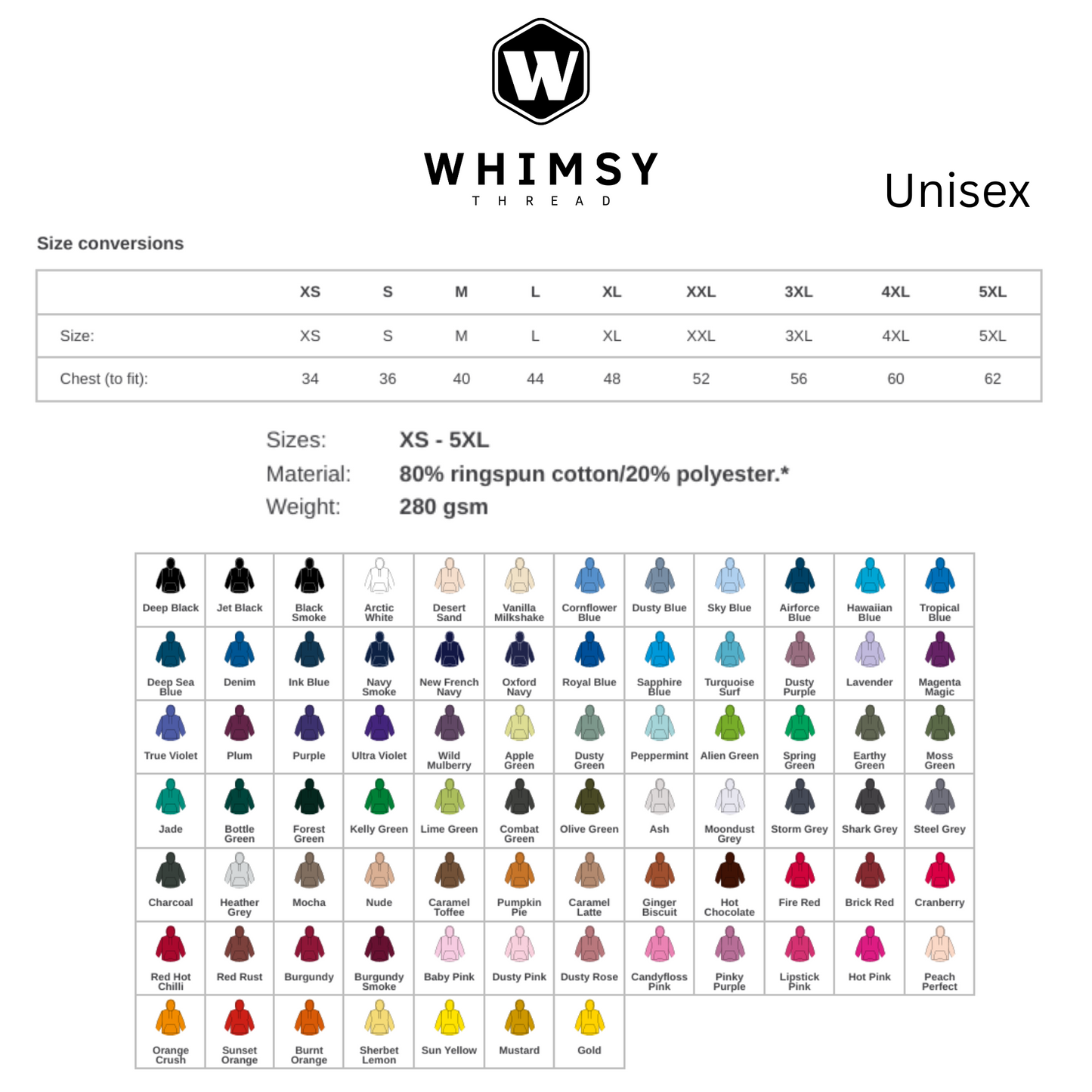 Color chart for clothing with size conversions and material details, branded as Whimsy Threads.