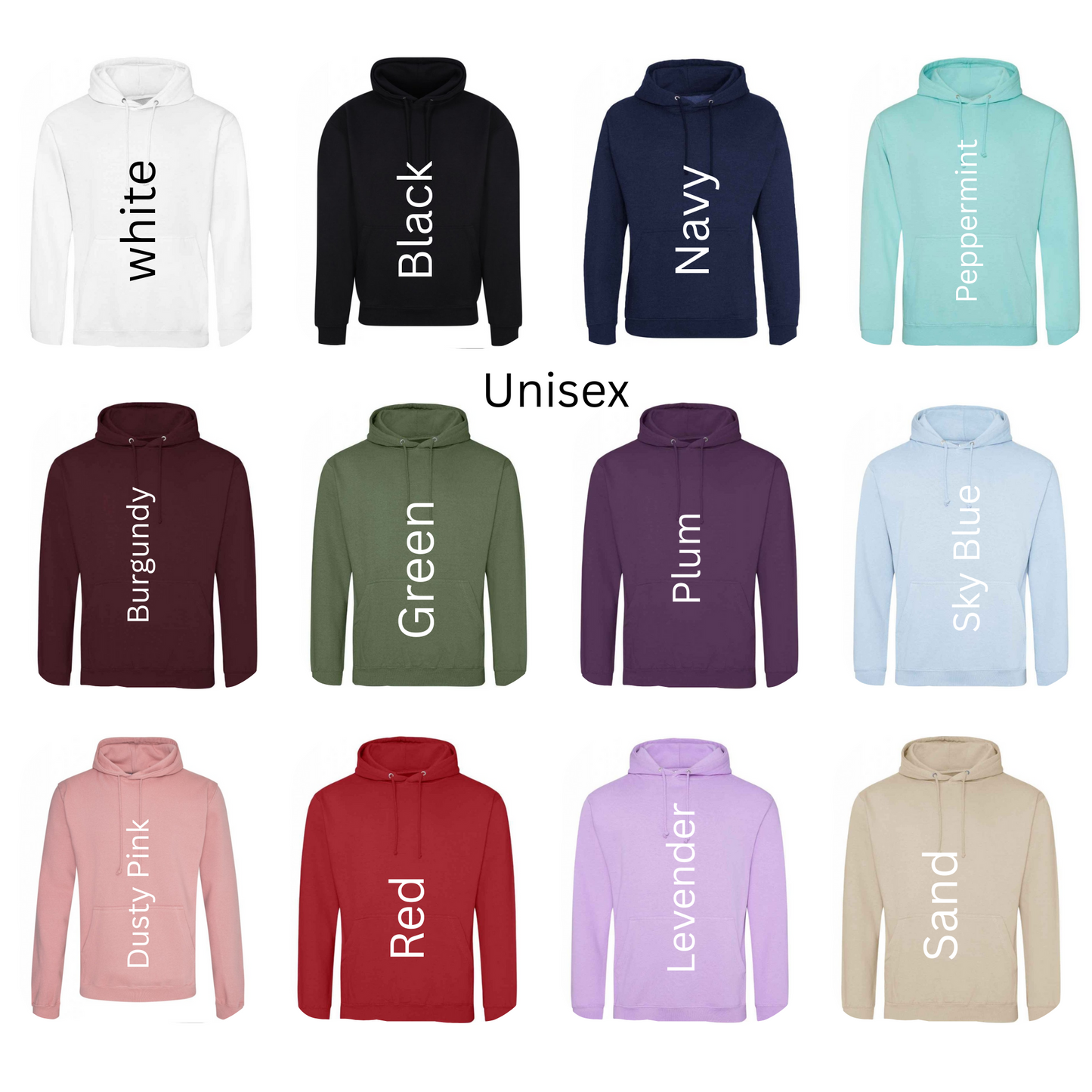 Collection of hoodies in various colors with color names on a white background