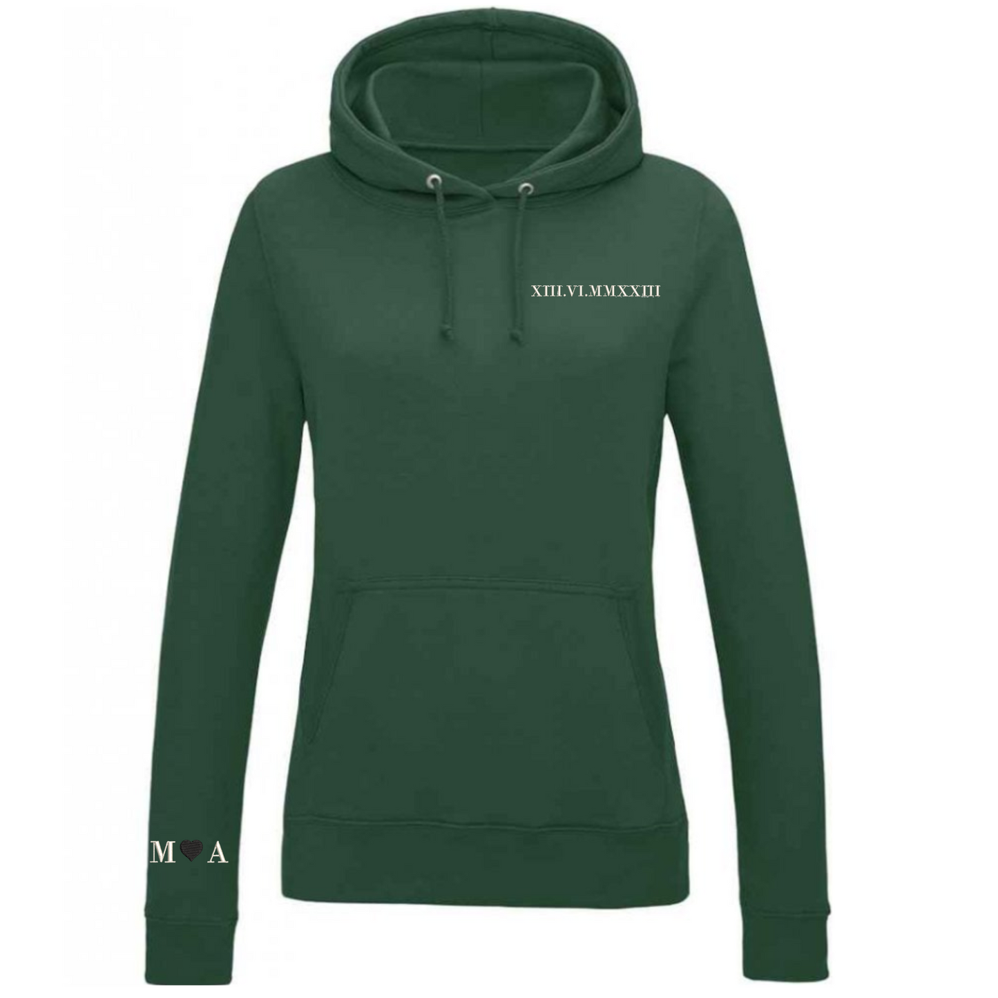 Green hoodie with Roman numeral design on a white background