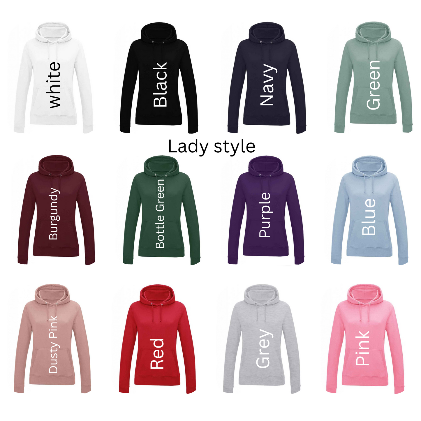 Collection of hoodies in various colors with text labels on a white background