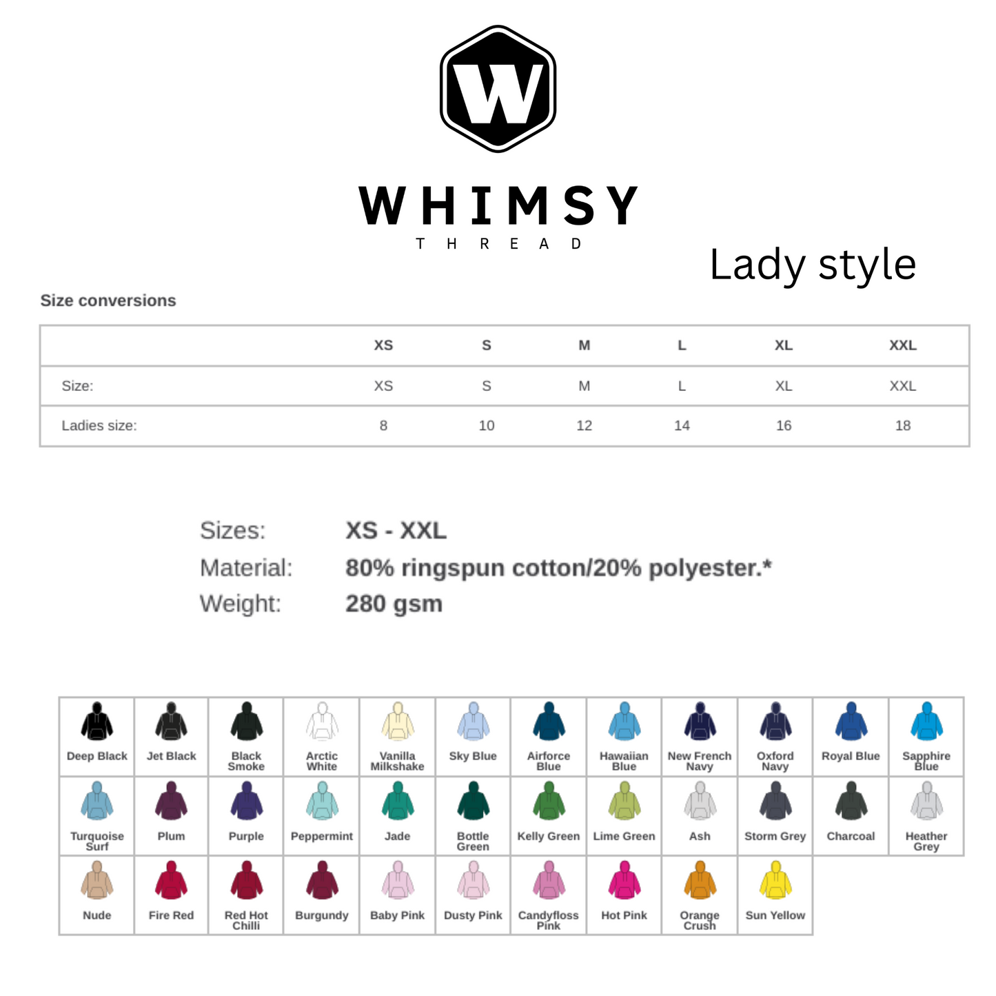 Size chart and color options for 'Lady Style' clothing by Whimsy Thread on a white background.