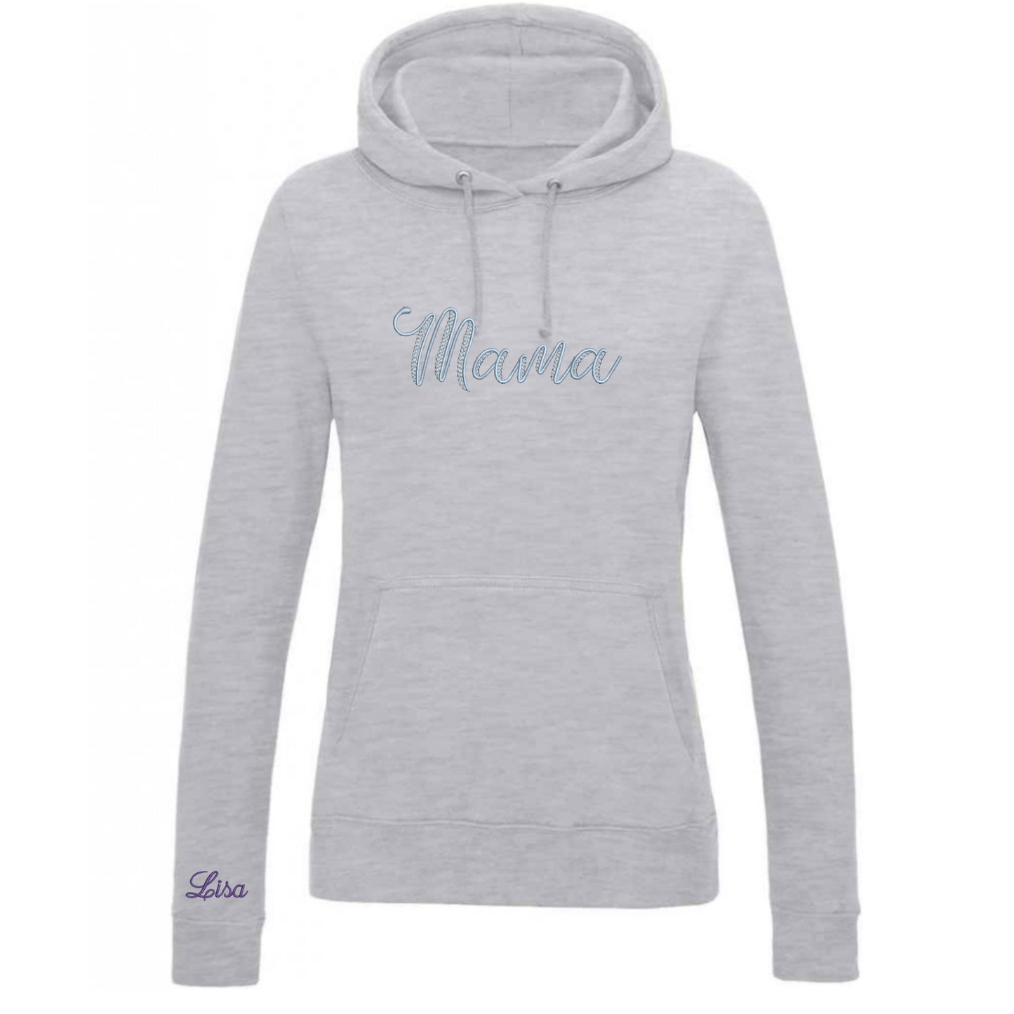 Gray hoodie with 'Mama' and 'Lisa' text on a white background