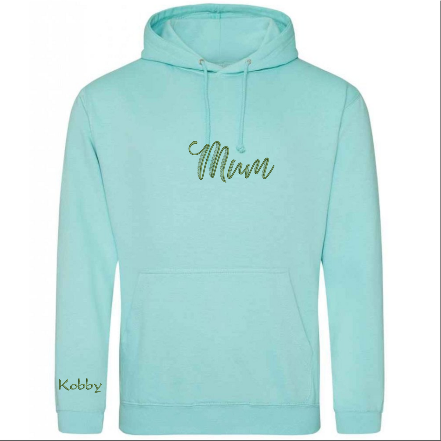 Light blue hoodie with 'Mum' text on a white background