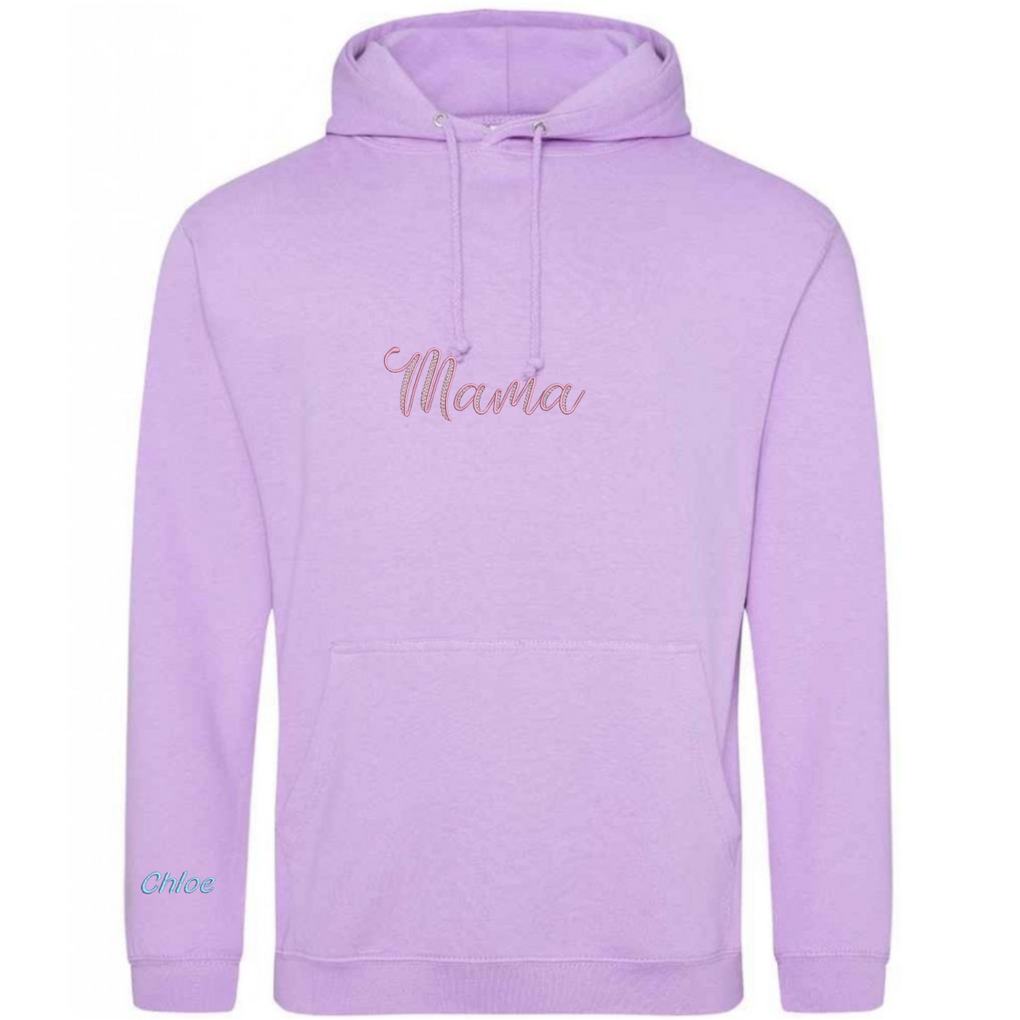 Lavender hoodie with 'Mama' and 'Chloe' text on a white background