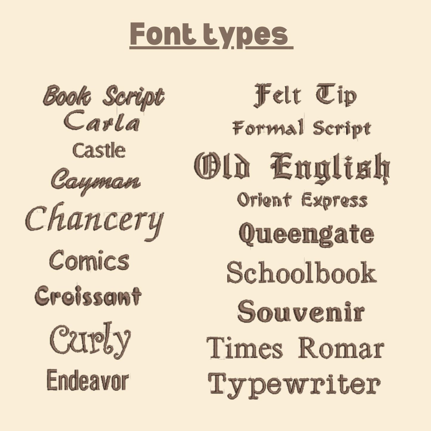 Collection of various font types displayed on a beige background