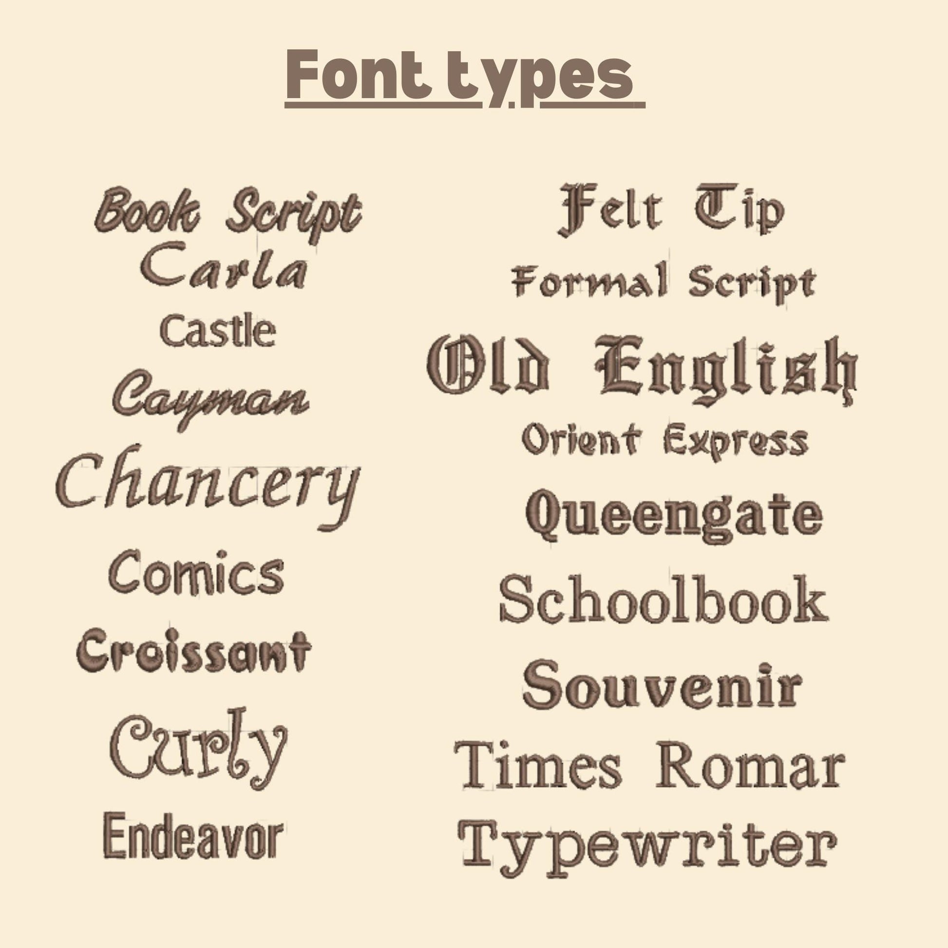 Collection of various font types displayed on a beige background