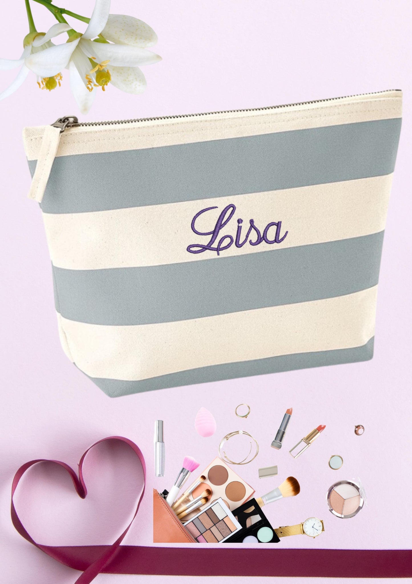 Personalized Nautical Stripe Canvas Accessory Bag – Custom Embroidered Toiletry & Travel Pouch with Name or Initials