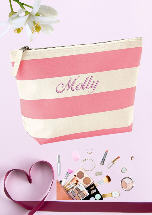Personalized Nautical Stripe Canvas Accessory Bag – Custom Embroidered Toiletry & Travel Pouch with Name or Initials