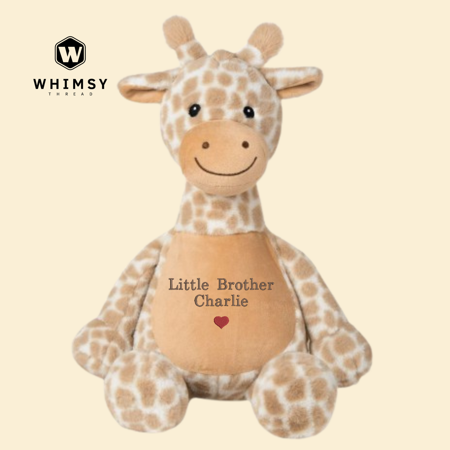 Plush giraffe toy with 'Little Brother Charlie' text on a beige background, featuring the Whimsy Toys logo.