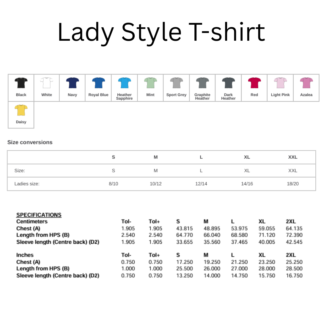 Size chart for lady's style t-shirt
