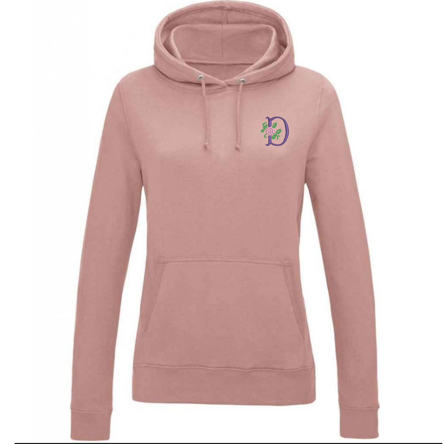 Pink hoodie with a logo on the chest against a white background