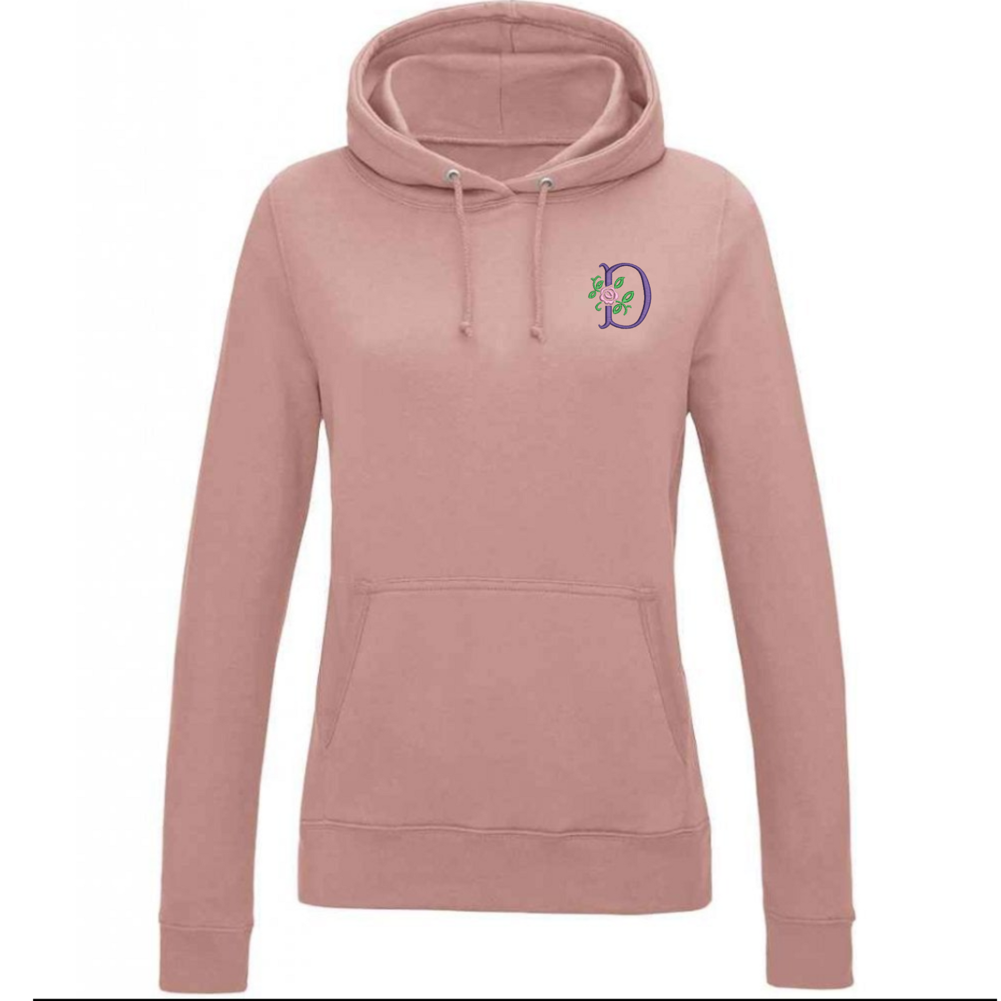 Pink hoodie with a logo on the chest against a white background