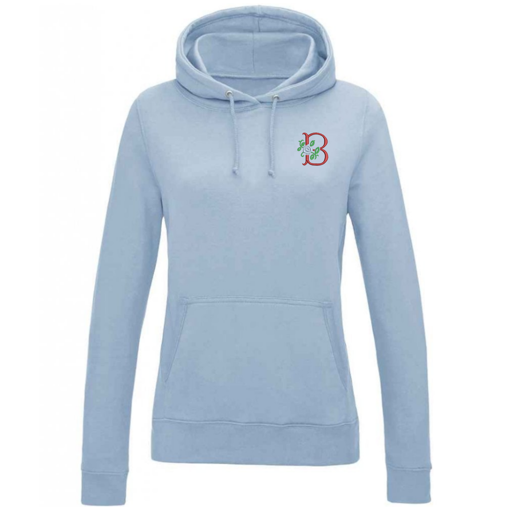 Light blue hoodie with a red and green logo on a white background