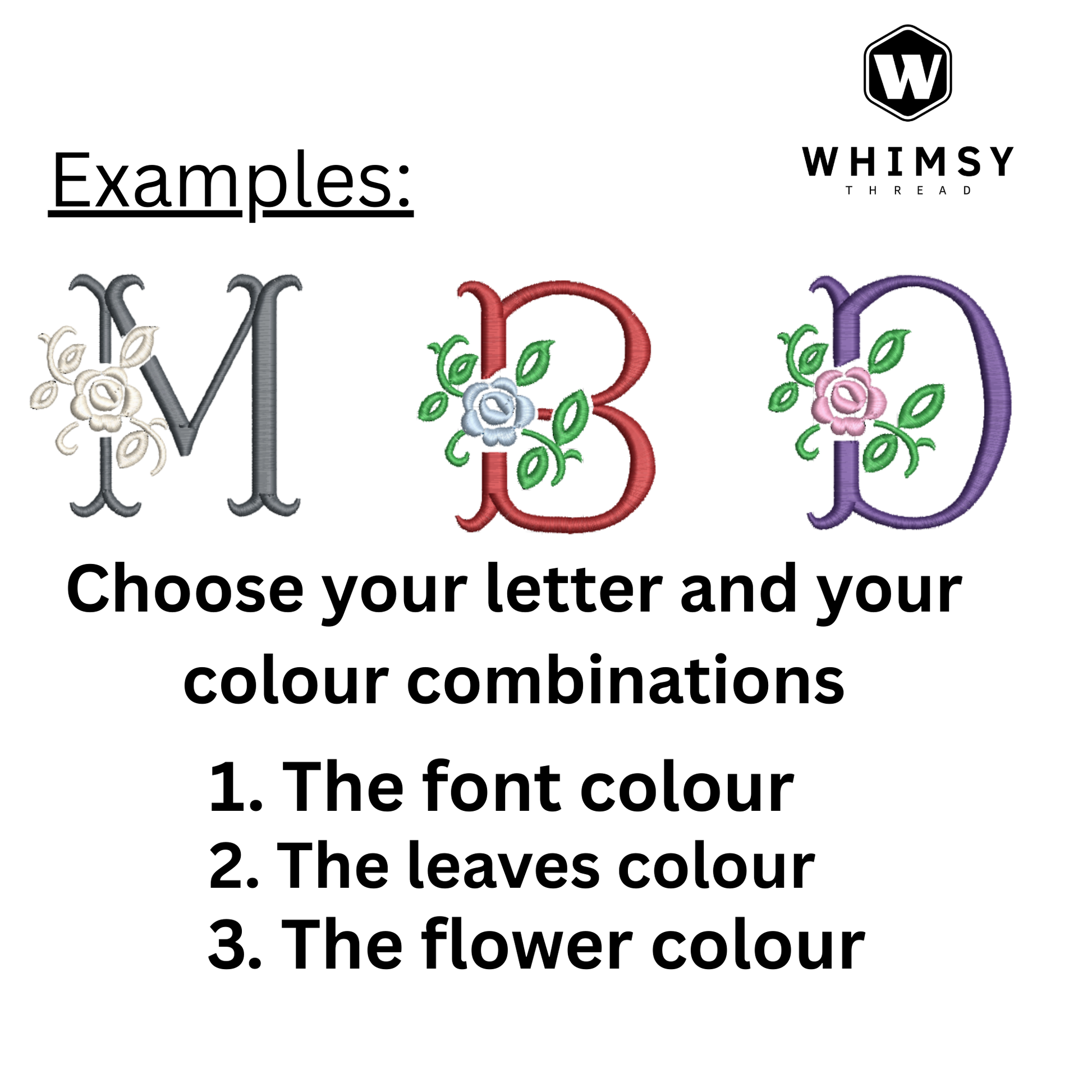 Examples of monogram letters with floral designs and color options on a white background.