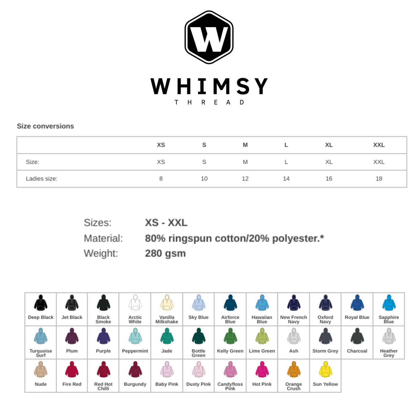 Size chart and color options for clothing by Whimsy Thread on a white background
