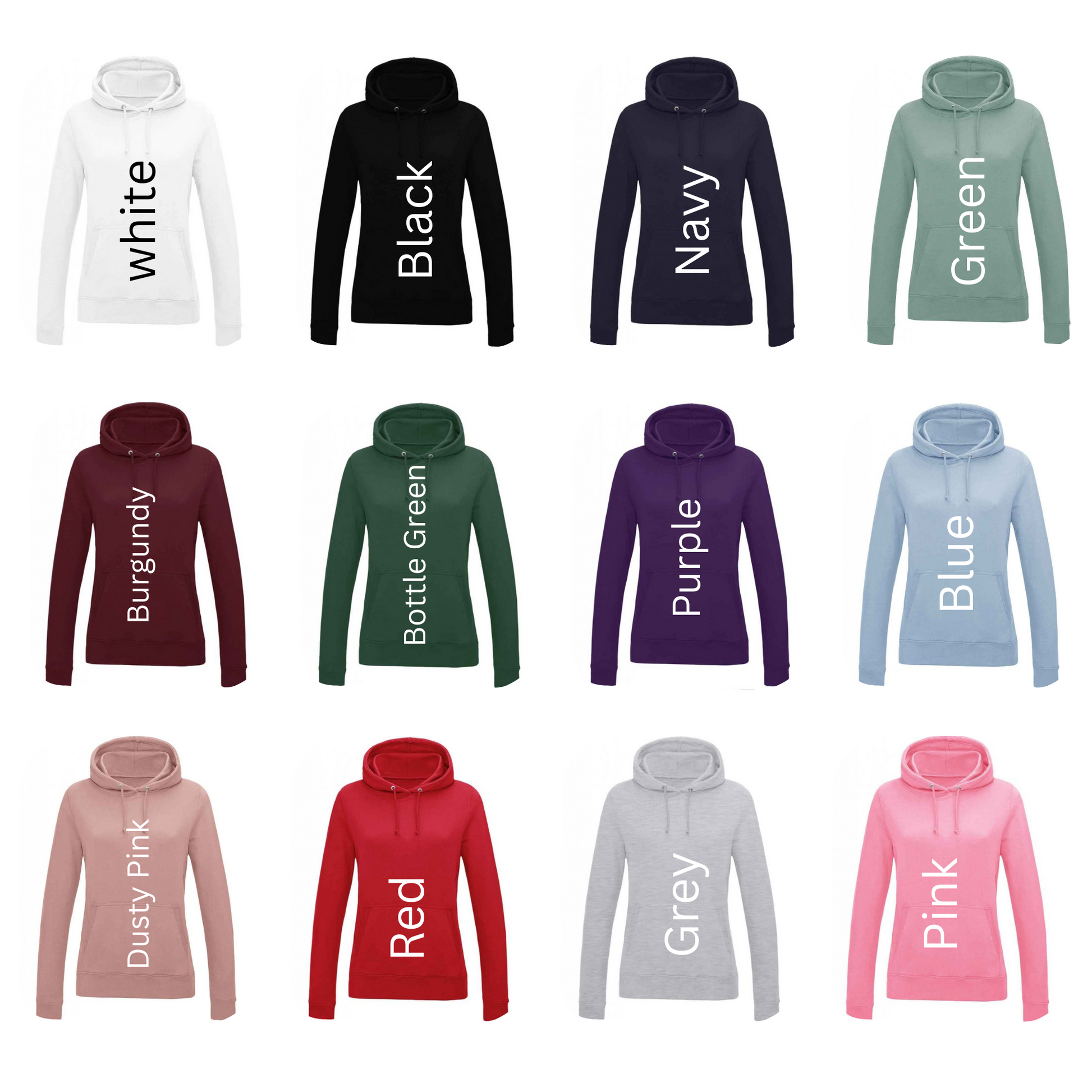 Collection of hoodies in various colors with color names printed on them.
