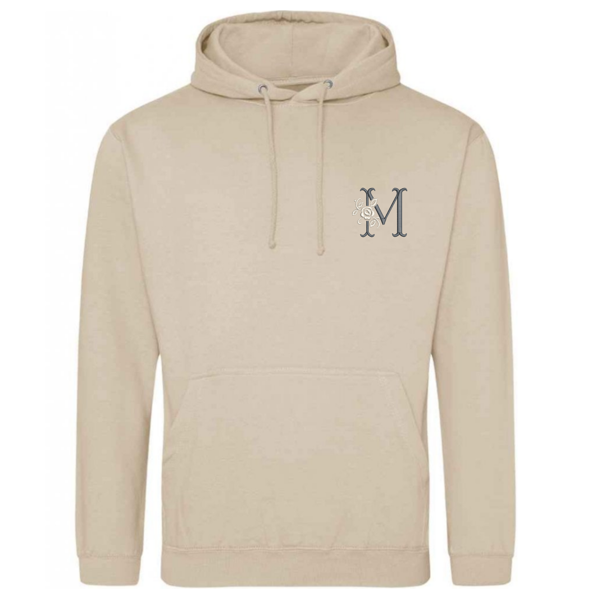 Beige hoodie with a logo on the chest against a white background