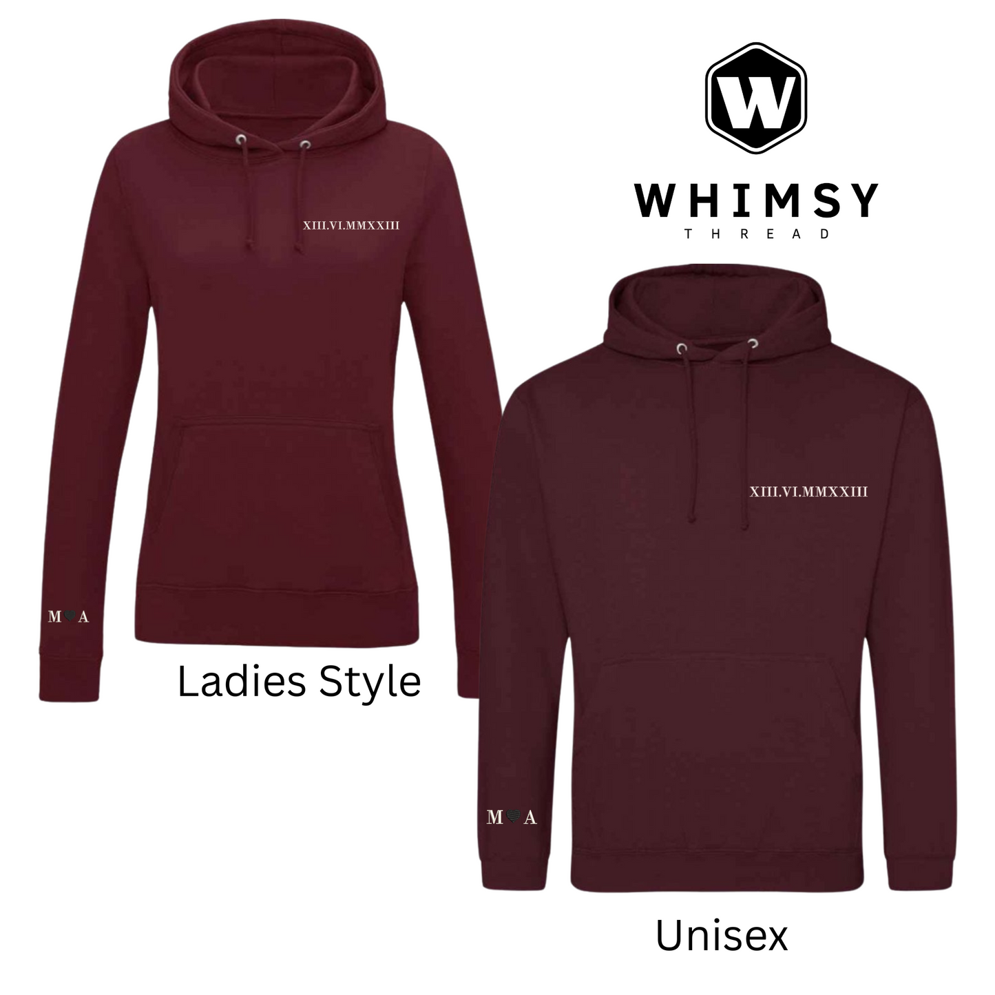 Maroon hoodie with text on a white background, featuring the Whimsy Thread brand.