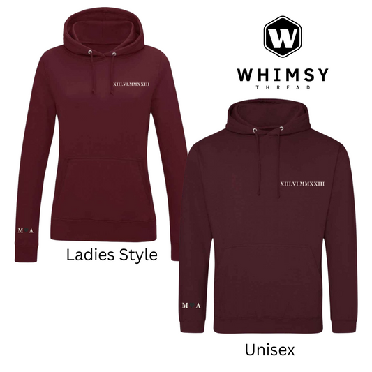 Maroon hoodie with text on a white background, featuring the Whimsy Thread brand.