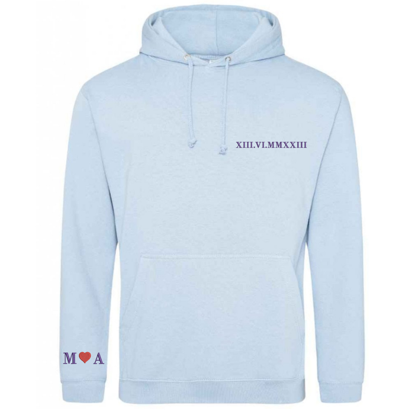 Light blue hoodie with Roman numeral and heart design on a white background