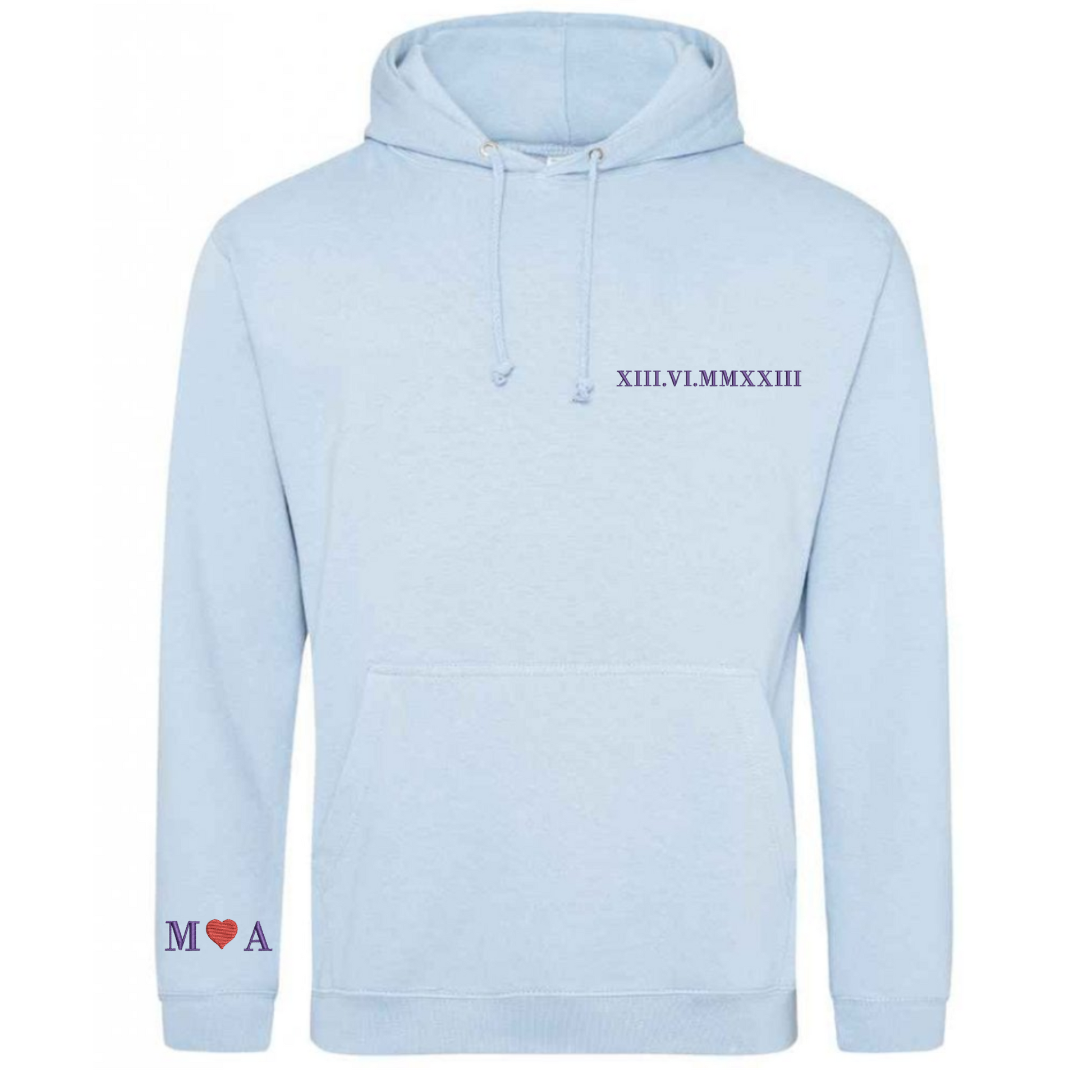 Light blue hoodie with Roman numeral and heart design on a white background