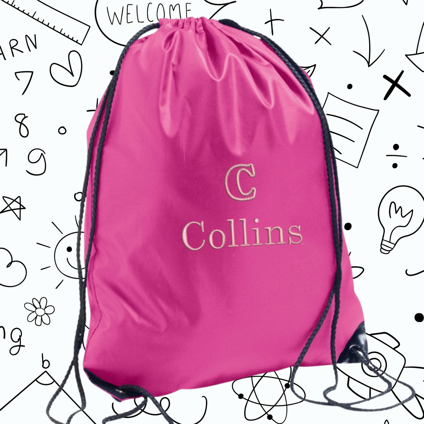 Pink drawstring bag with 'Collins' monogram on a background with educational symbols