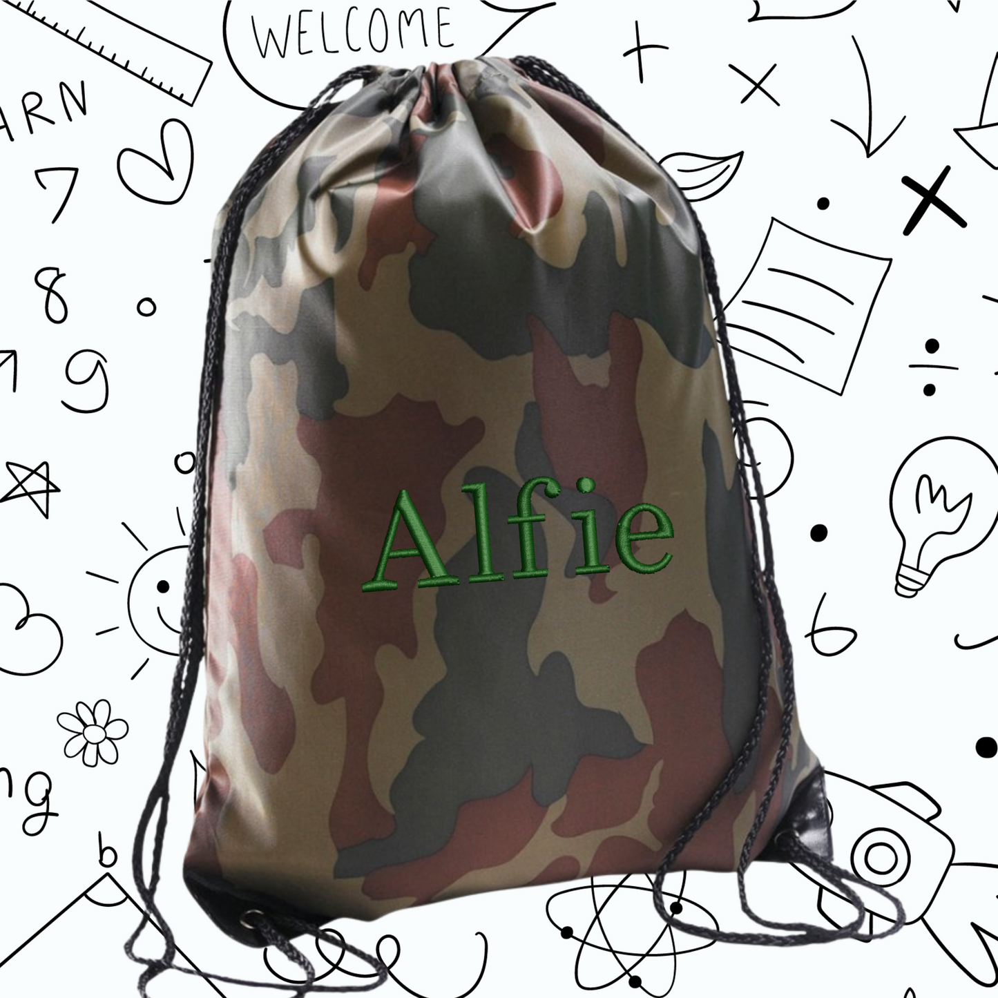Camouflage drawstring bag with 'Alfie' on a white background with black line art.