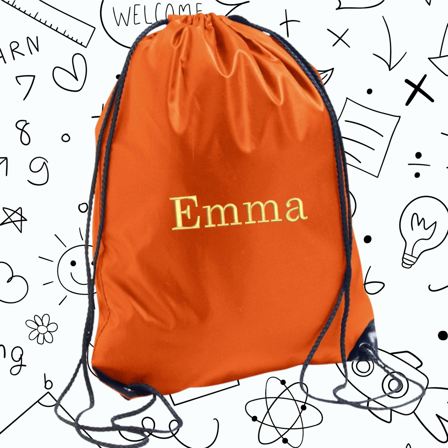 Orange drawstring bag with 'Emma' embroidered on it, against a white background with black educational illustrations.