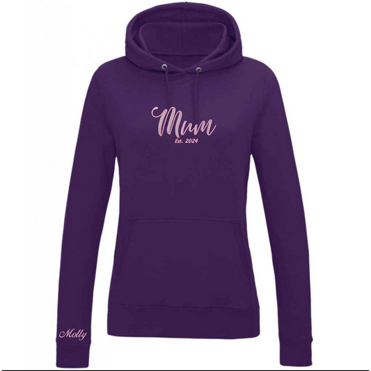 Purple hoodie with 'Mum Est. 2024' text on a white background