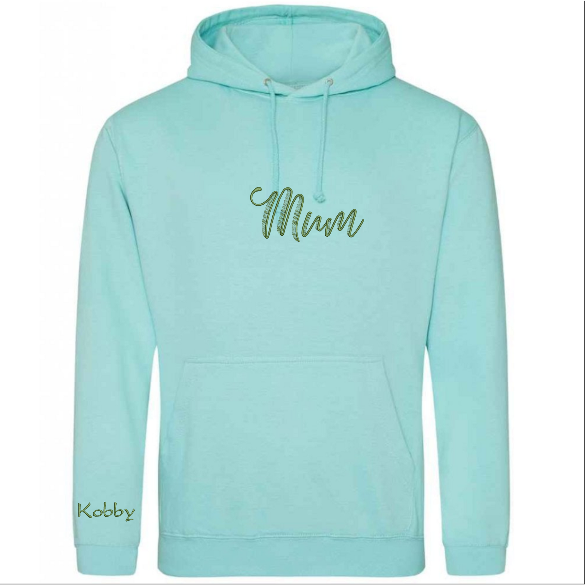 Light blue hoodie with 'Mum' text on a white background