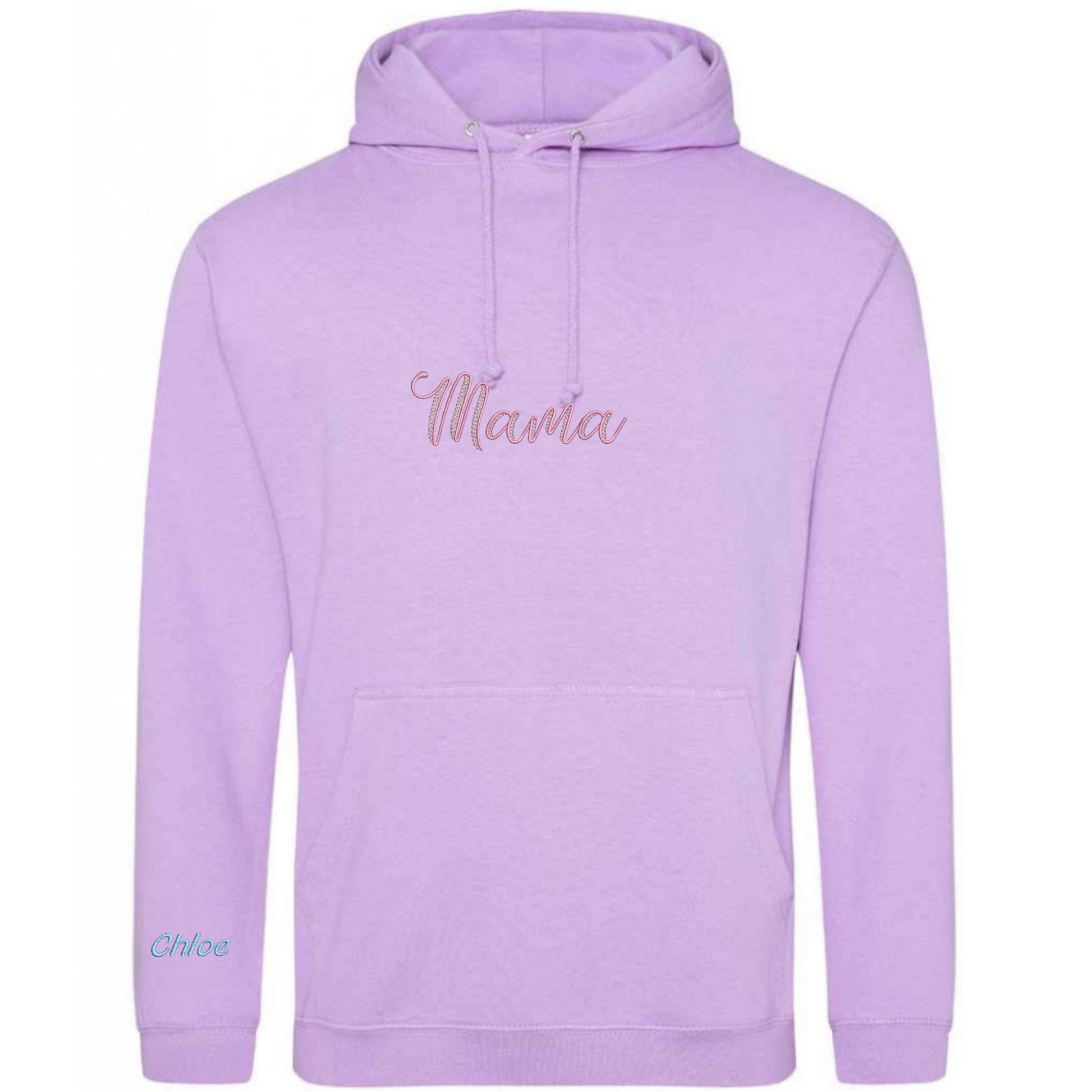 Lavender hoodie with 'Mama' and 'Chloe' text on a white background