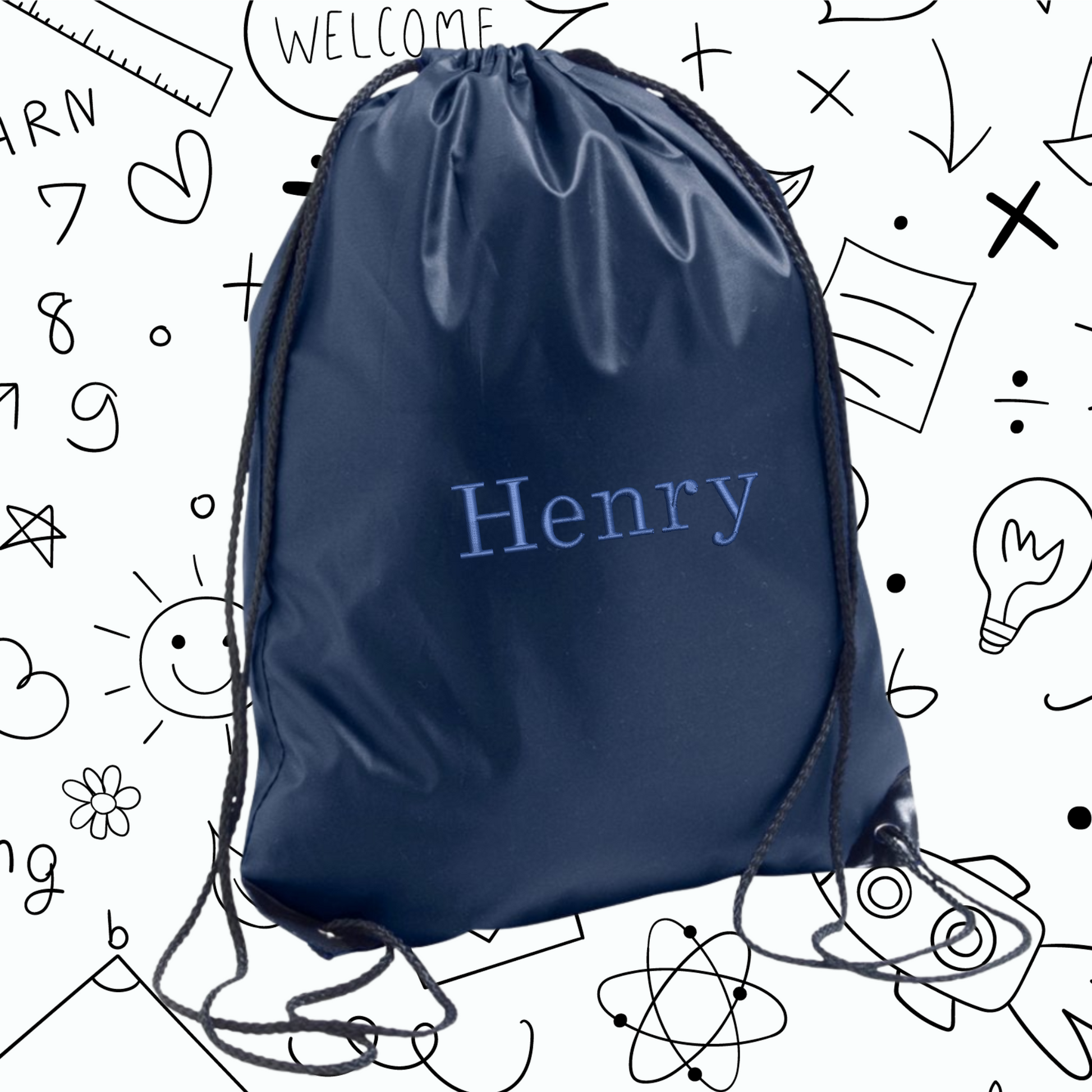 Navy drawstring bag with 'Henry' embroidered on it, against a white background with black line drawings.