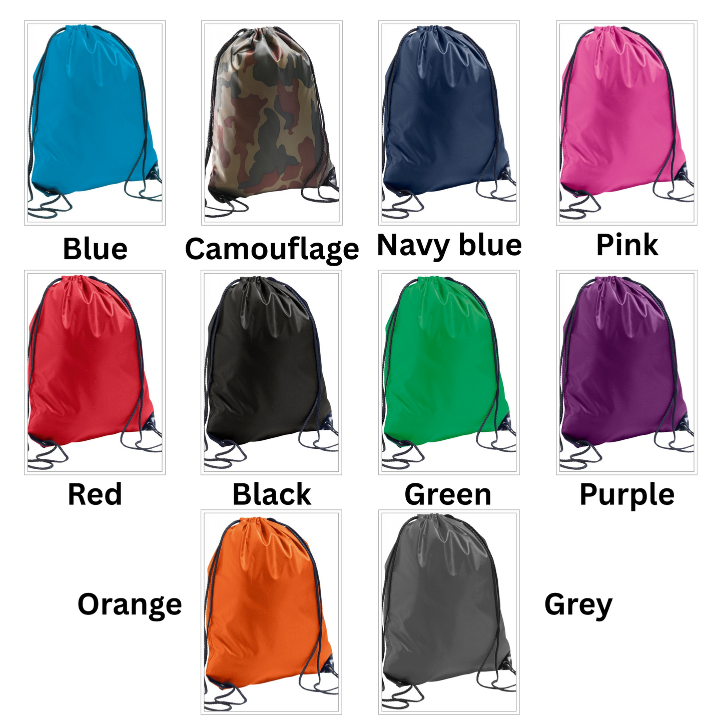 Collection of drawstring bags in various colors on a white background