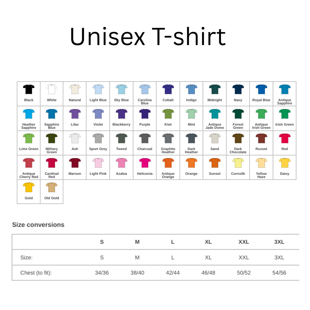 Color chart for unisex t-shirts with various colors and size conversion chart below.