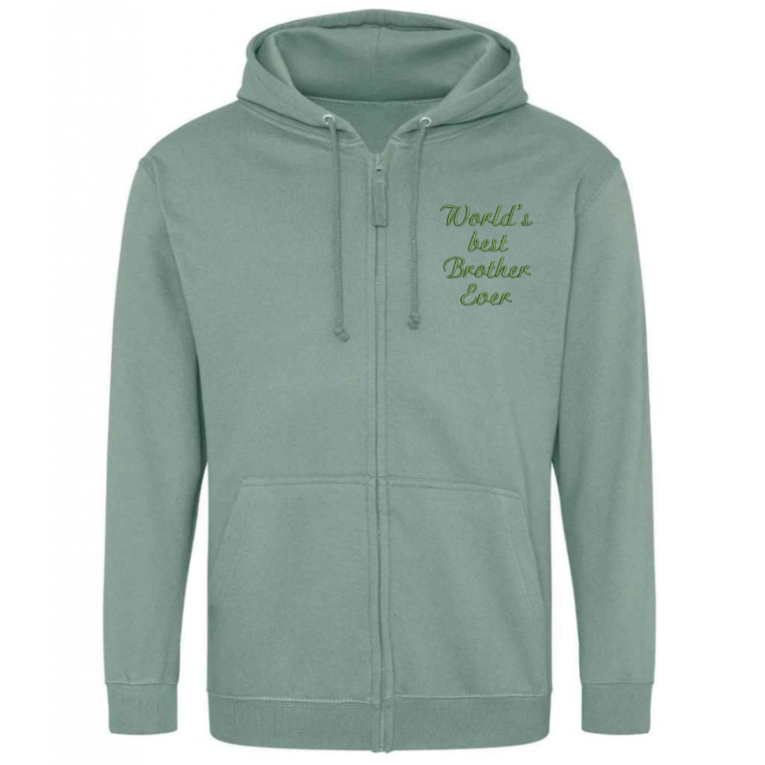 Green hoodie with 'World's Best Brother Ever' text on a white background