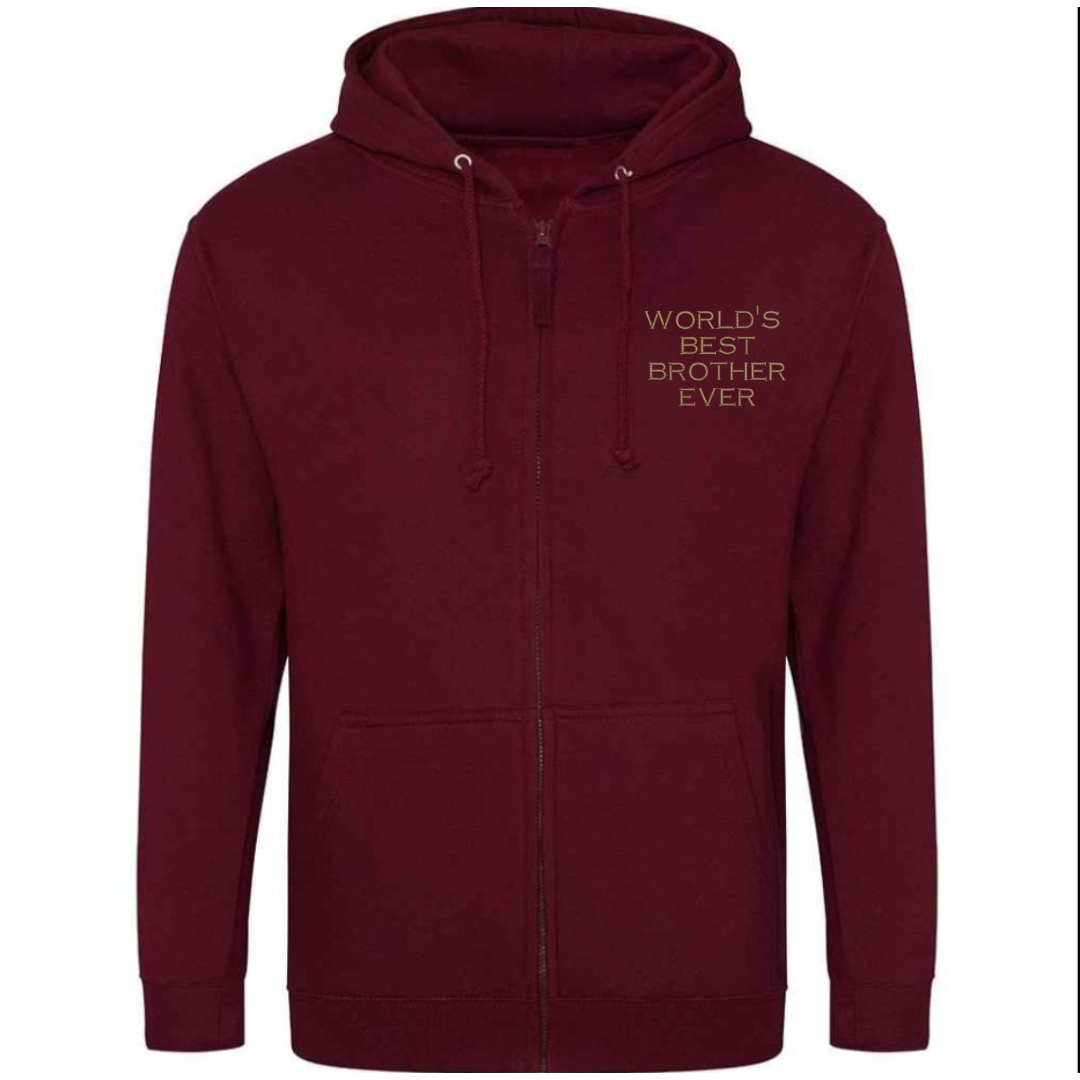 Maroon hoodie with 'World's Best Brother Ever' text on a white background