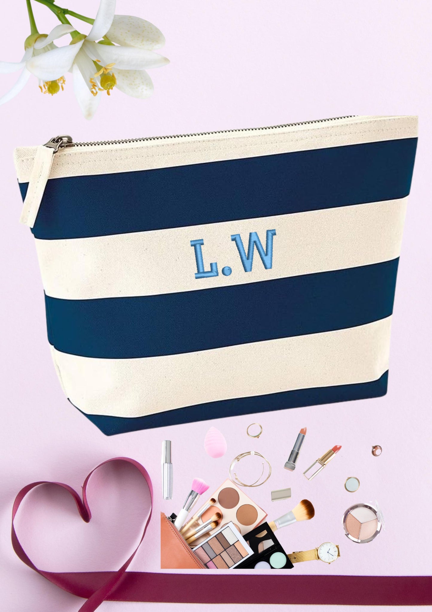 Personalized Nautical Stripe Canvas Accessory Bag – Custom Embroidered Toiletry & Travel Pouch with Name or Initials